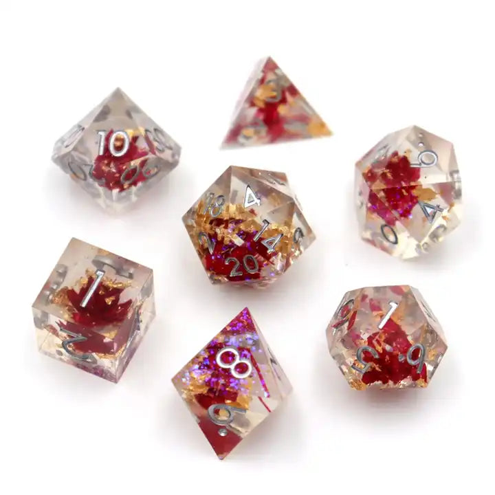 Flower TTRPG, DND dice set, sharp edge with flower inclusions, for dice goblin and critter collectors, for role playing games