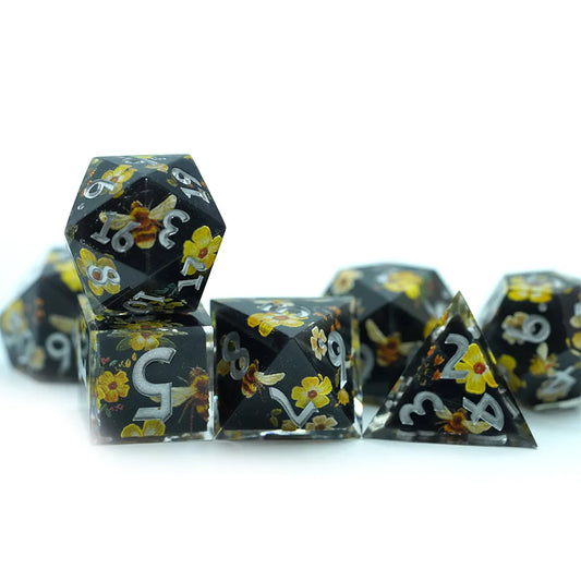 flowers and bees sharp edge dice set, sharp edge dice, dnd dice 