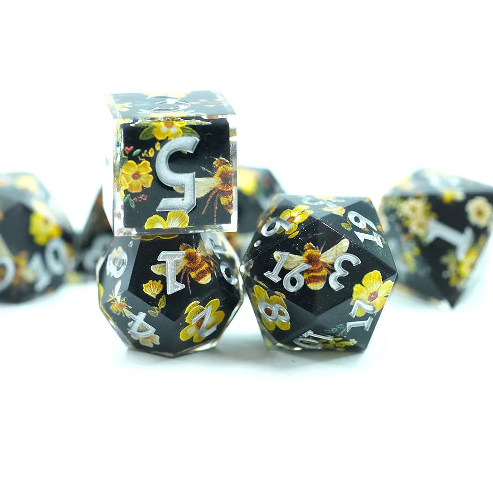flowers and bees sharp edge dice set, sharp edge dice, dnd dice 