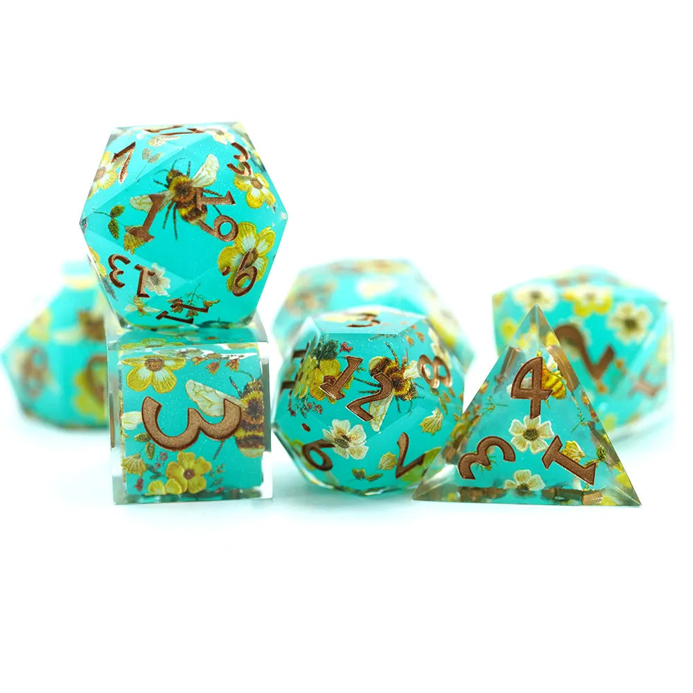 flower and bee dnd dice sets, sharp edge dice with bees, dice goblin and critical critters