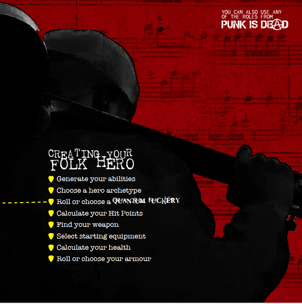 Folk Hero solo rpg inner page titles creating your Folk Hero with a red music sheet background and the silhouette of a guitar being carried on a shoulder