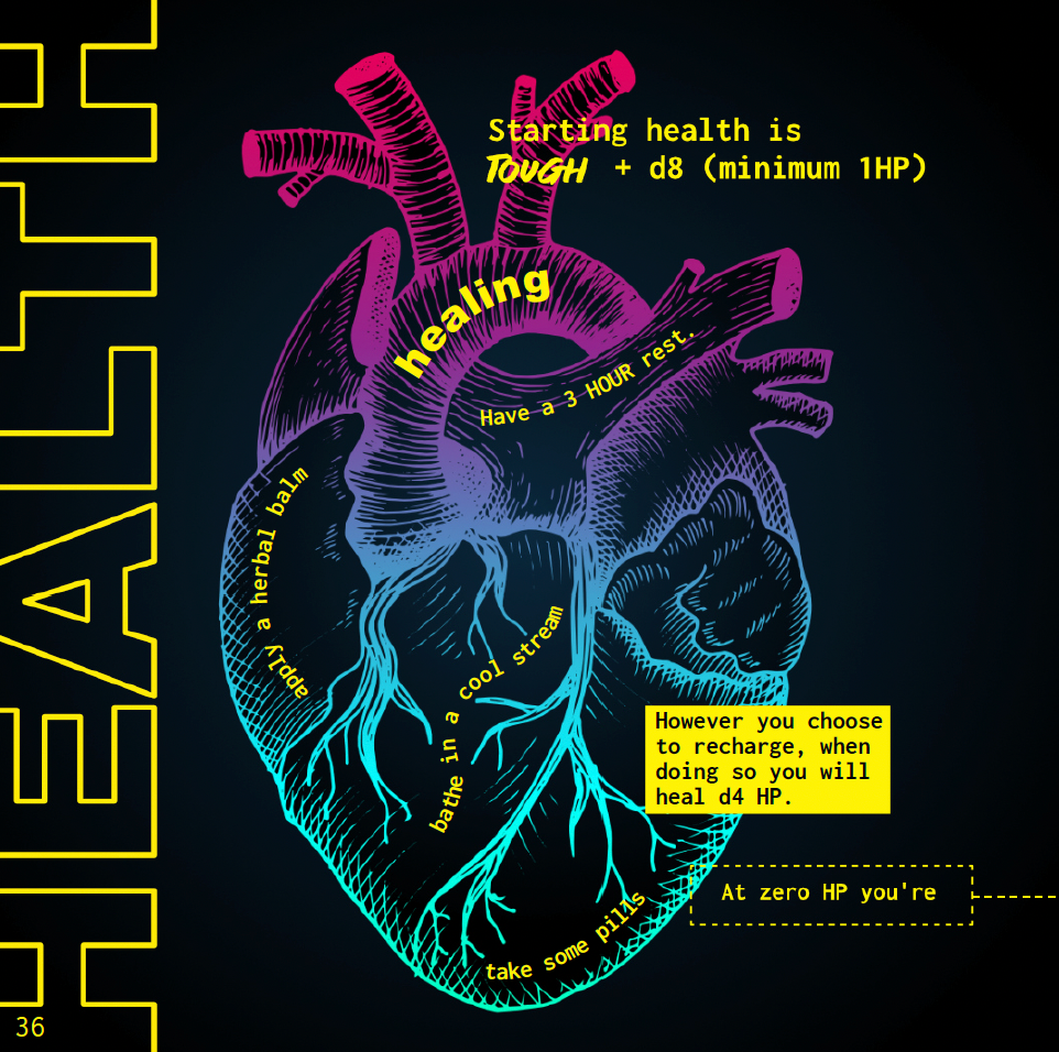 Folk Hero solo RPG inner page titled Health in nero outline font and a neon heart with yellow text