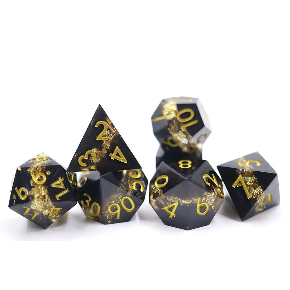 Geode black and gold sharp edge dice dice for dnd, RPG and role playing games, critical critters and dice goblin collectors