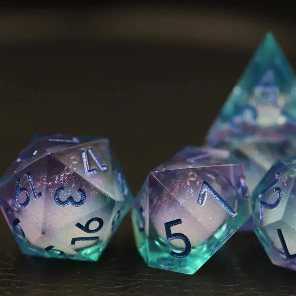 Gimme! Gimme! Gimme! liquid core sharp edge dnd dice set, dice goblin, TTRPG, role playing, role playing games