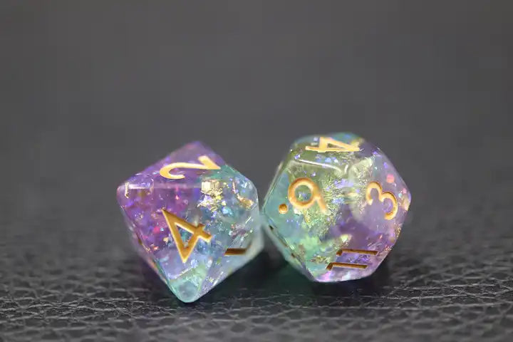 glitter violet dnd TTRPF dice set for role playing games, dice goblin collectors of click clacks and shiny math rocks