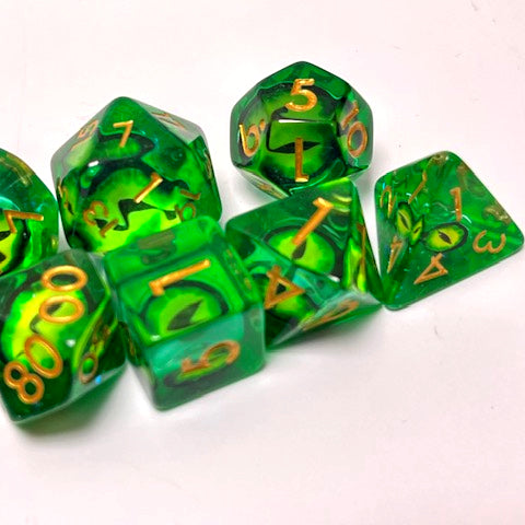 green dragon eye dnd ttrpg dice set for role playing games, dice goblin and dice dragon collectors