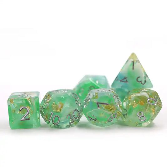 Vapor with gold flakes DND, TTRPG dice set for role playing games and dice goblin, dice dragon collectors