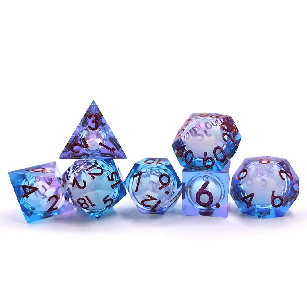 Heart of Glass, liquid core dnd dice set, sharp edge dice, TTRPG, role playing, role playing games