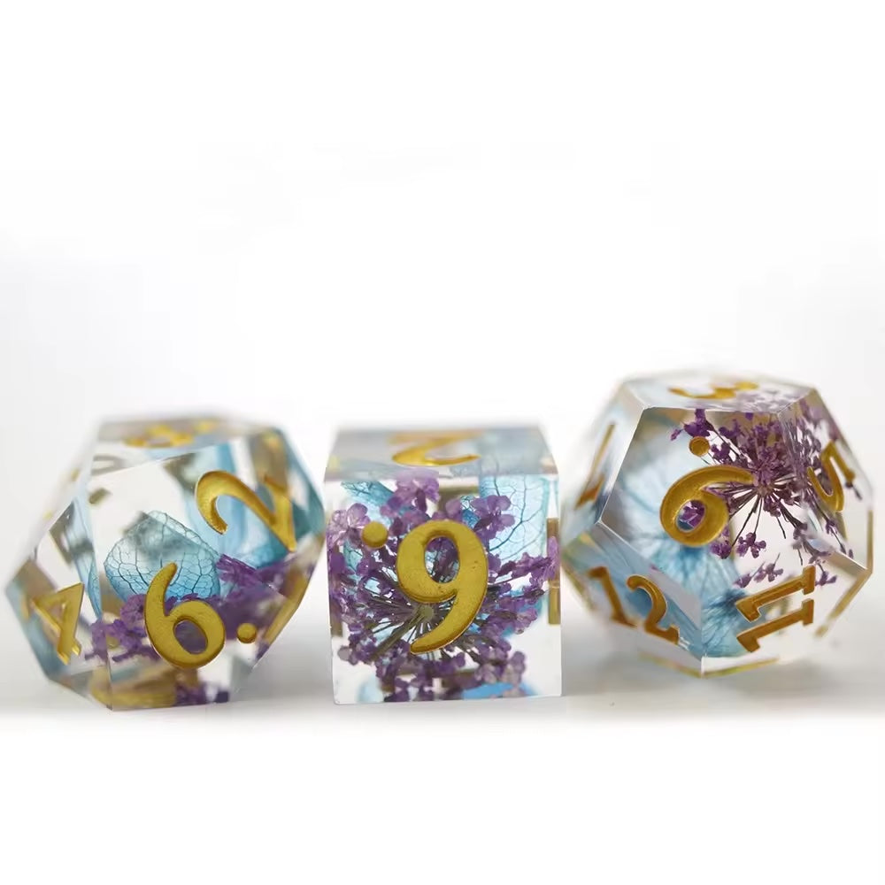 Sharp edged flower dice inclusions, dungeons and dragons, DND, TTRPG role playing games and dice goblin collectors, druid dice set
