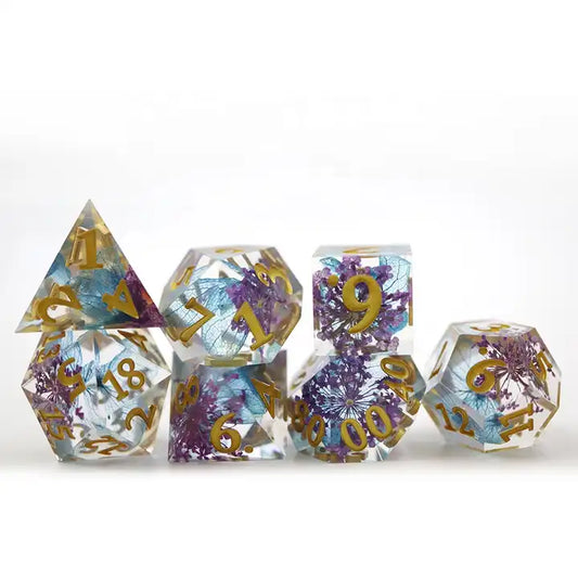 Sharp edged flower dice inclusions, dungeons and dragons, DND, TTRPG role playing games and dice goblin collectors, druid dice set