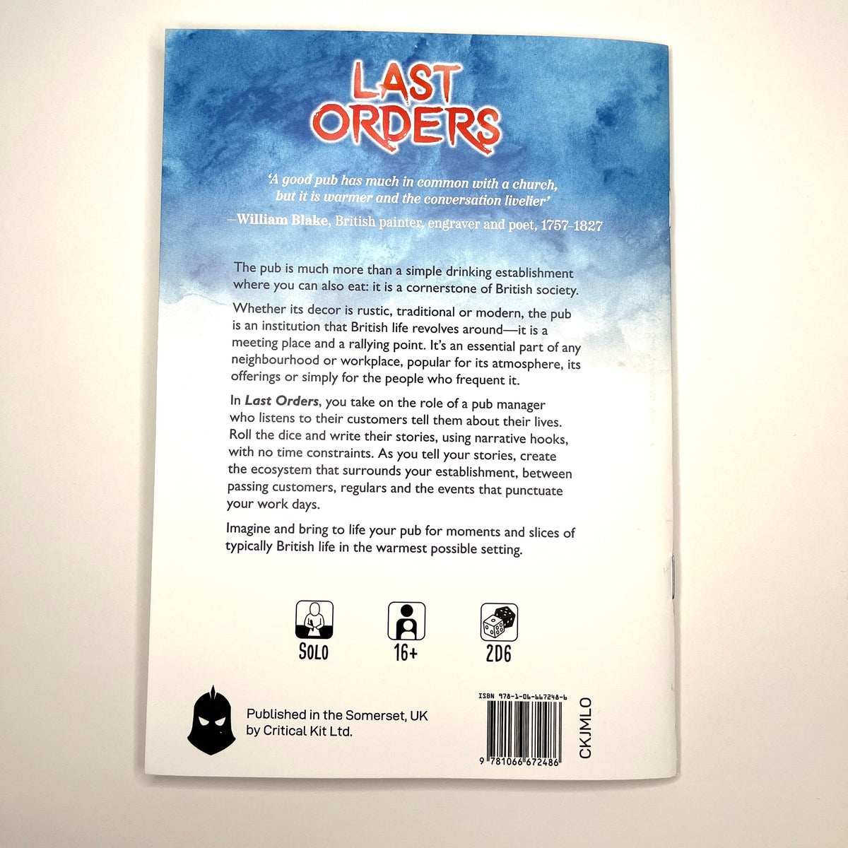 The back cover of a book titled 'Last Orders' by Jérôme Mioso, featuring a blue watercolor splash design at the top and white background below with text, a barcode, and the Critical Kits logo.