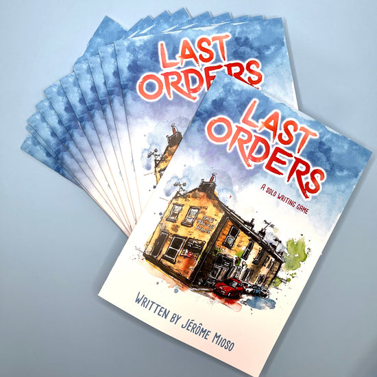 A fan of printed book covers titled 