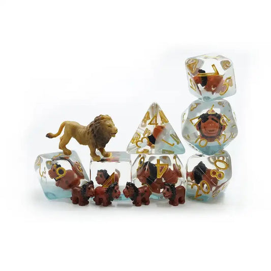 Lion TTRPG dice for DND, role playing games, Dungeons and Dragons, critical critters and dice goblin collectors