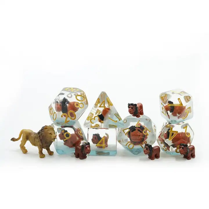 Lion TTRPG dice for DND, role playing games, Dungeons and Dragons, critical critters and dice goblin collectors