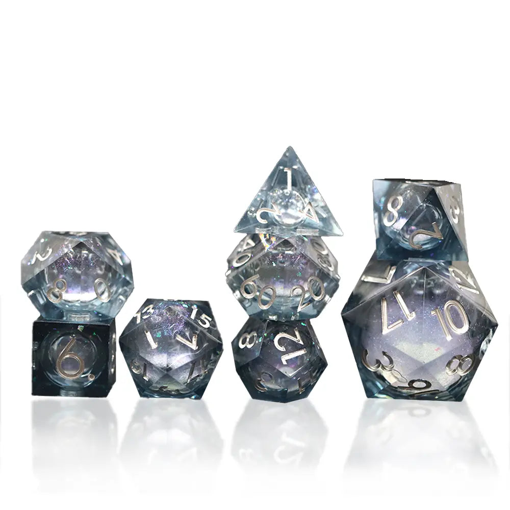 Sharp edged liquid core, polyhedral DnD dice for TTRPG and role playing games.