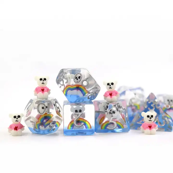care bear and rainbow dnd dice set for TTRPG, role playing games, for dice goblin and dice dragon collectors