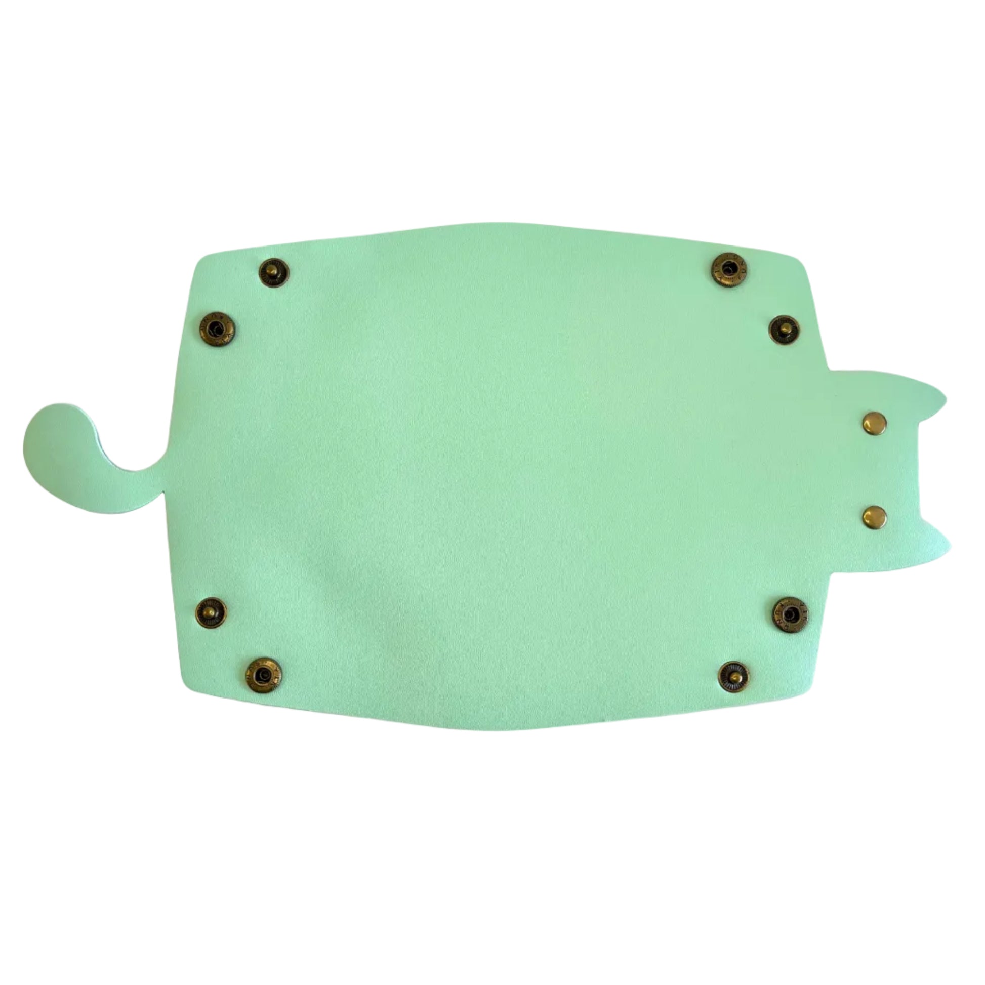 A mint green cat-shaped dice tray with six metal studs, shown on a plain white background.