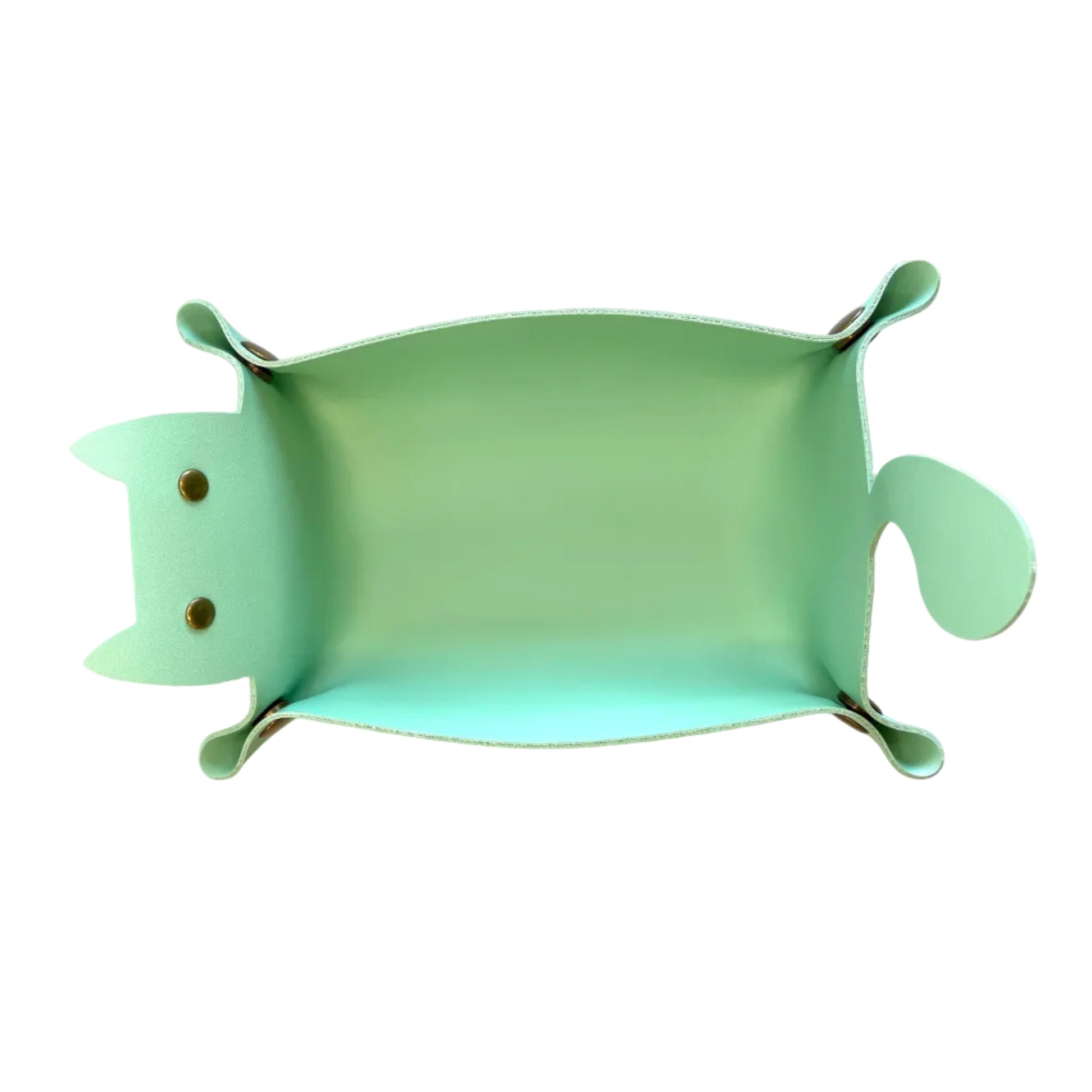A mint green cat-shaped faux leather dice tray with small metal rivets on the ears and tail, photographed from above on a white background.