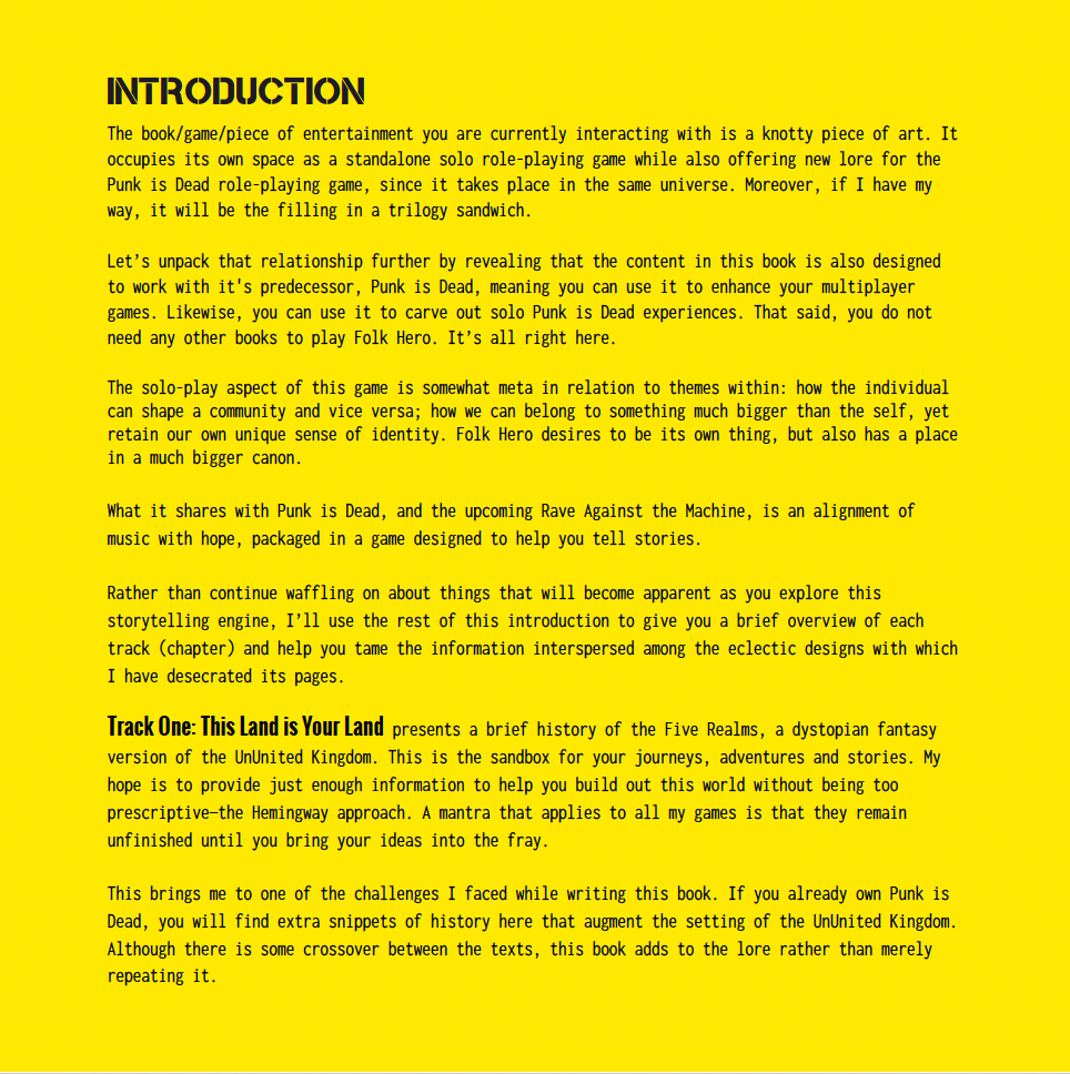 The introduction page of Folk Hero the solo rpg with a yellow background and bold black text