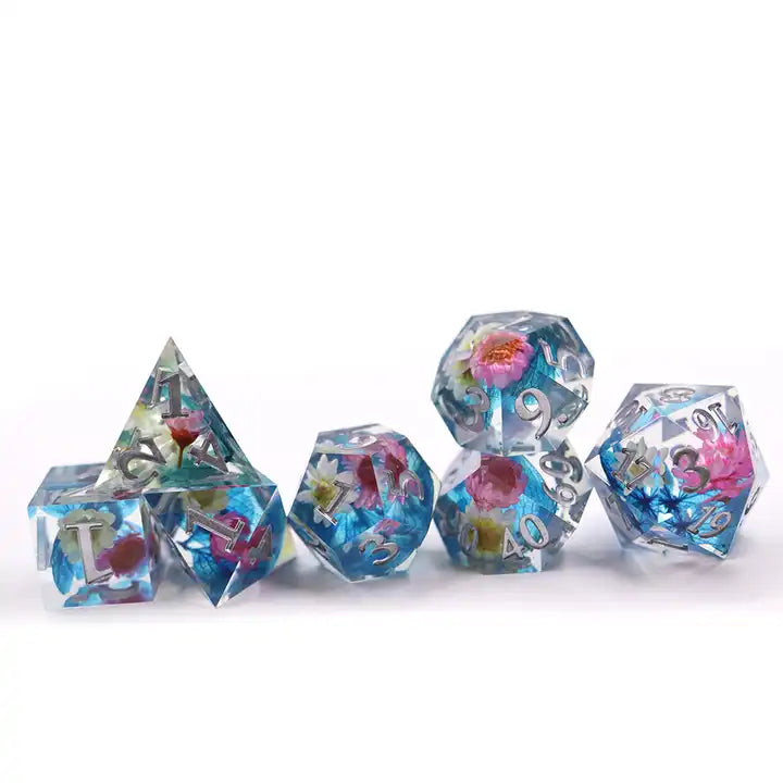 Daisies sharp edge, dnd dice set, flower dice, TTRPG role playing games and dice goblins