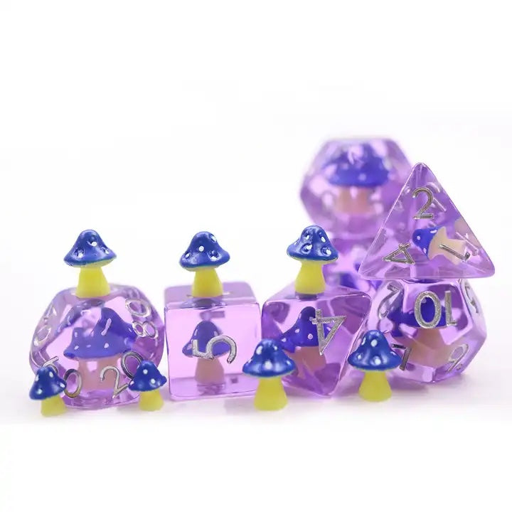 Blue mushroom dnd dice set, TTRPG role playing game, dice goblin and dice dragon collectors, druid dice set
