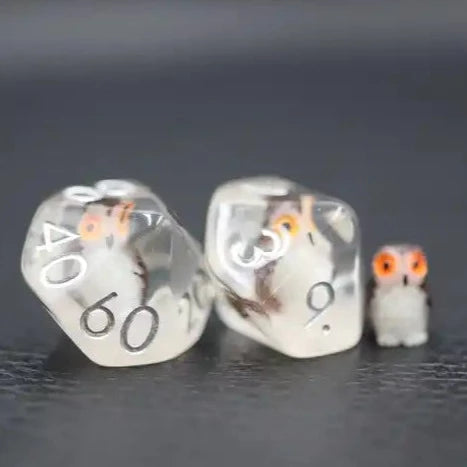 owl dnd dice set for TTRPG, role playing games, for dice goblin and dice dragon collectors