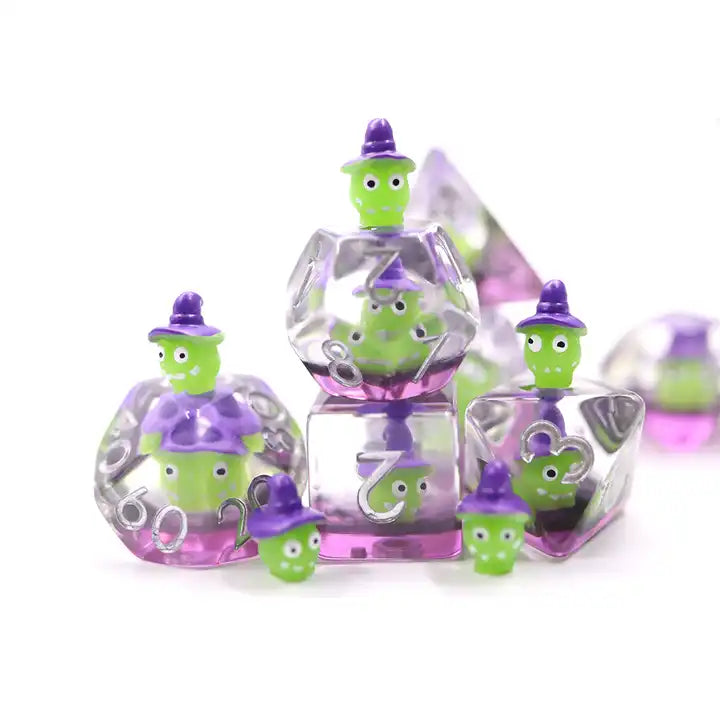 Pea witch dnd dice set, TTRPG role playing games, dice goblin and dice dragons