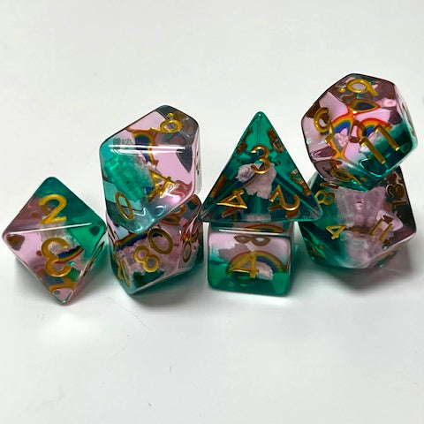 pink cloud and rainbow dnd dice sets for TTRPG role playing games, dice goblin and dice dragons
