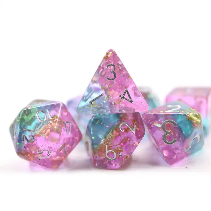GLITTER dnd TTRPG dice set from a UK dice store, role playing games for dice goblin collectors of click clacks and shiny math rocks