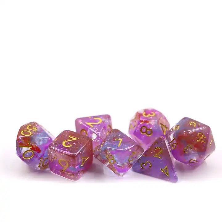pink vapor dnd dice set, TTRPG role playing games, dice goblin, dice dragon, cleric dice