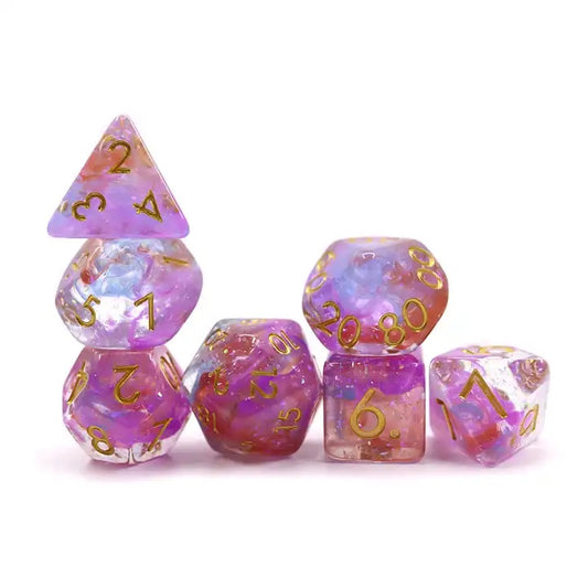pink vapor dnd dice set, TTRPG role playing games, dice goblin, dice dragon, cleric dice