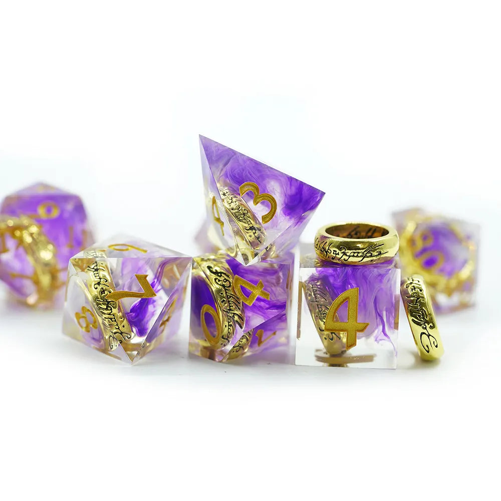 Precious gold ring dnd dice set, rpg dice, dice goblin and critical critter collectors