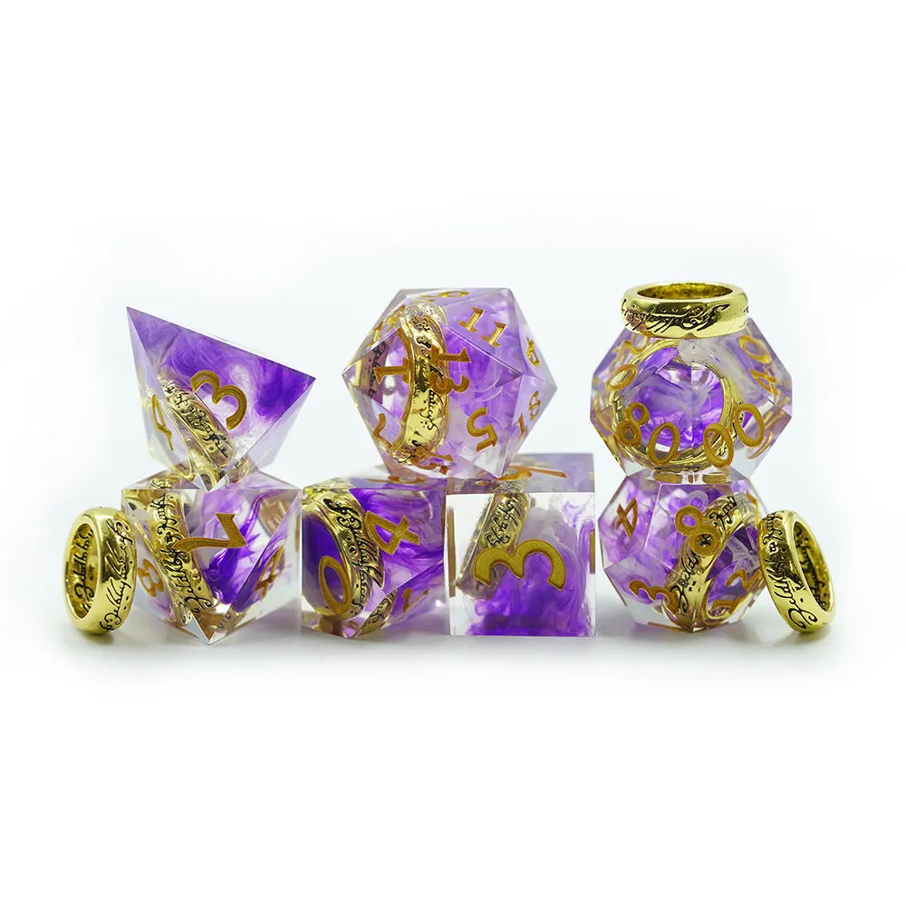 Precious gold ring dnd dice set, rpg dice, dice goblin and critical critter collectors