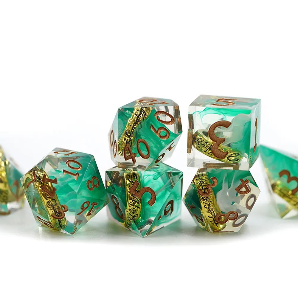 Precious gold ring with inscription, emerald and white clouds sharp edge dice for dnd, RPG, critical critters, dice goblin and dice dragon collectors
