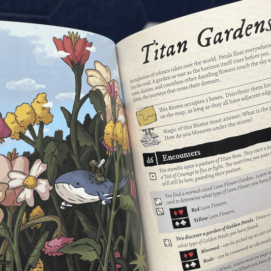 Open book with illustrations of flowers and text on a Titan Gardens theme