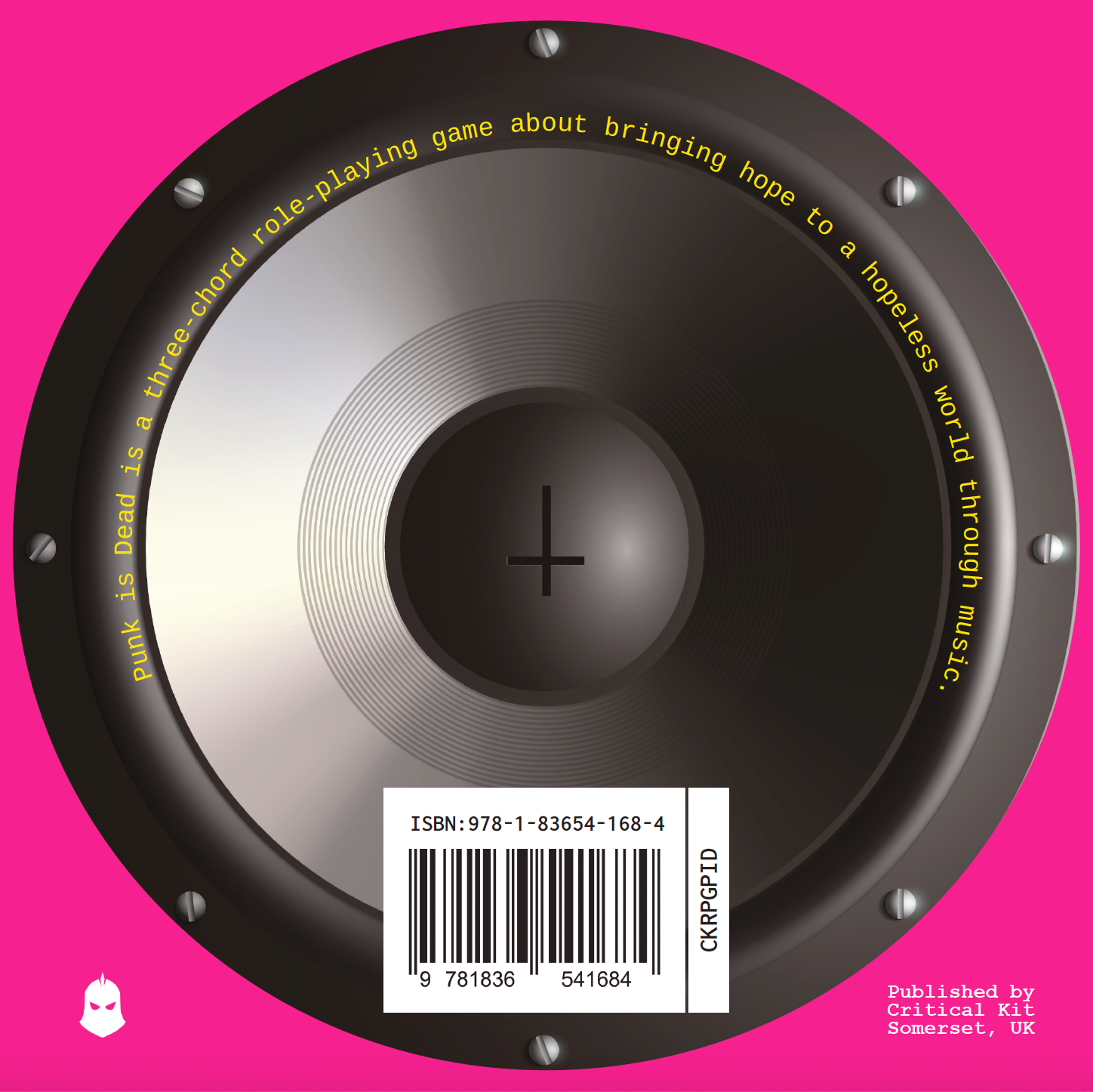 Back cover of the Punk Is Dead RPG with a speaker image including the Critical Kit logo and the message - Punk Is Dead is a three-chord role-playing game about bringing hope to a hopeless world through music.