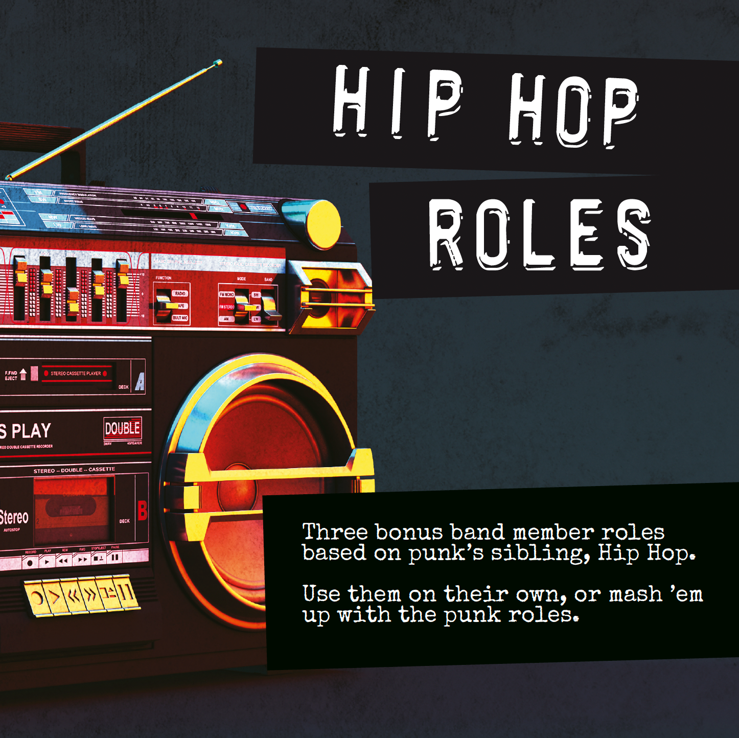 Vintage boombox with text about 'Hip Hop Roles' on a dark background for Punk Is Dead
