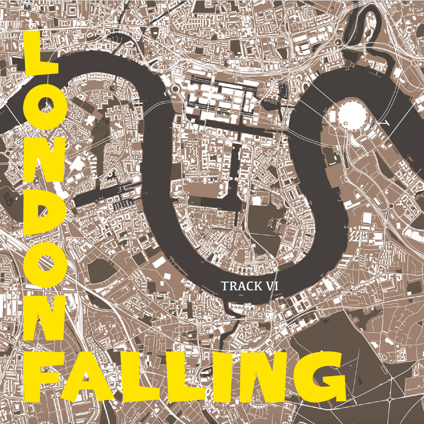 Satelite image of London thames with yellow lettering of London Falling, the scenario in the Punk Is Dead RPG.