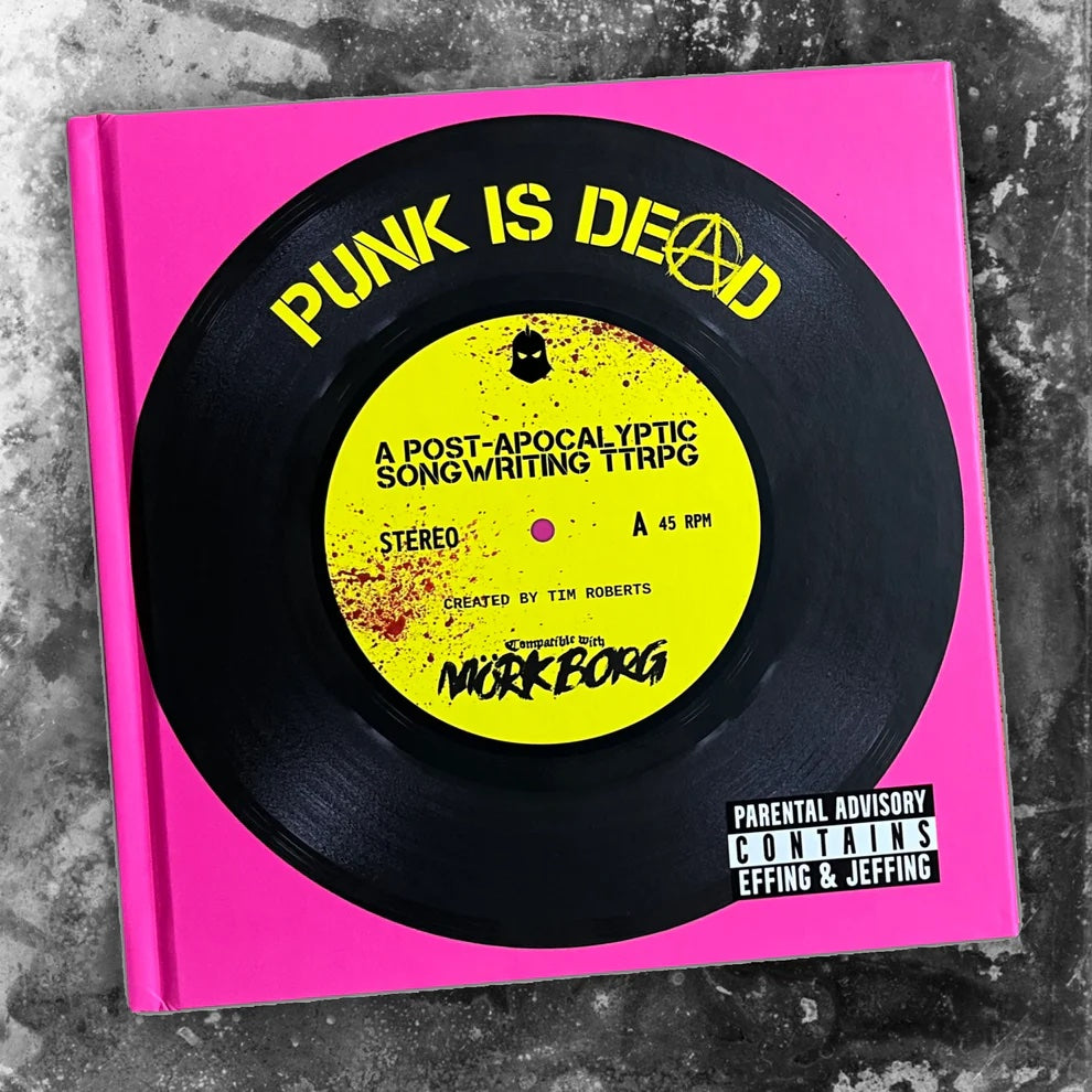 Book cover with vinyl record design and 'Punk is Dead' text on a pink background