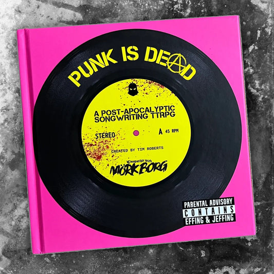 Book cover with vinyl record design and 'Punk is Dead' text on a pink background