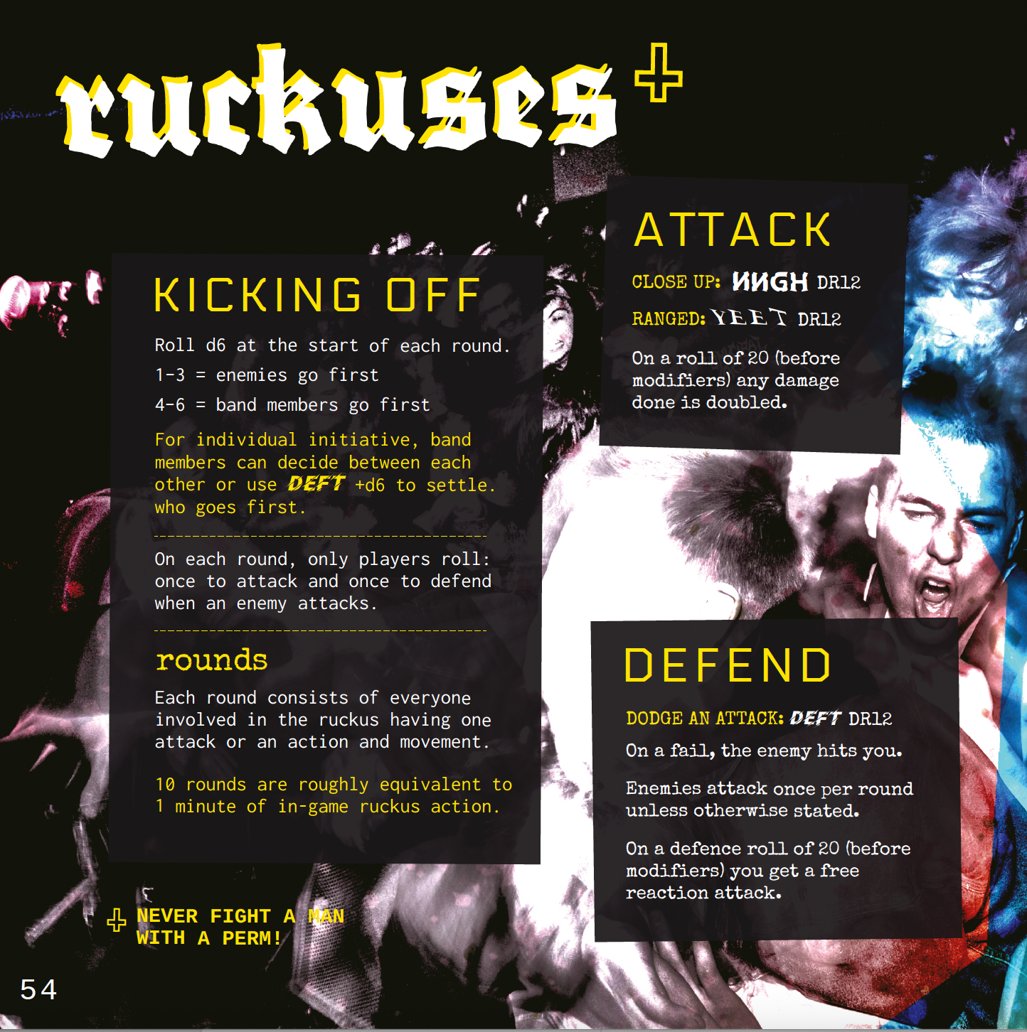 Game rules sheet for 'ruckuses' with text and images of people in a ruckus for Punk Is Dead