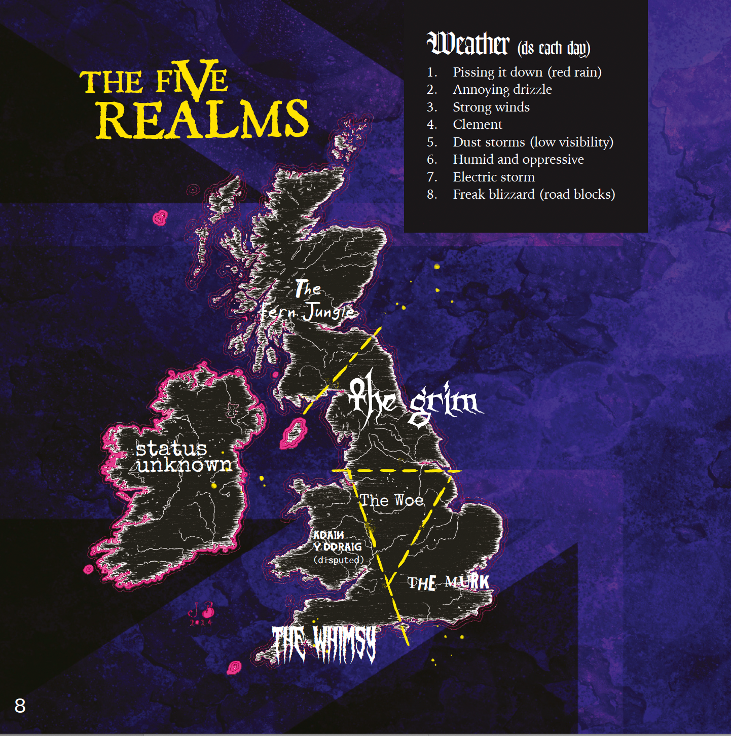 Map of the Five Realms of the UnUnited Kingdom, including a rollable table for the weather.