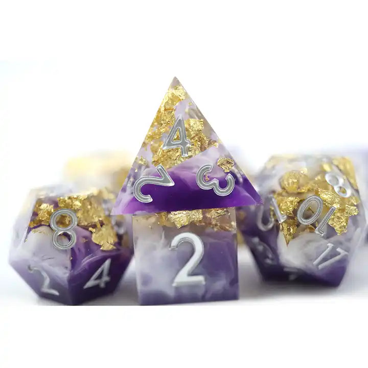 Sharp edge purple and gold resin dice for DND dungeons and dragons, dice goblin and dragon collectors and TTRPG role playing games