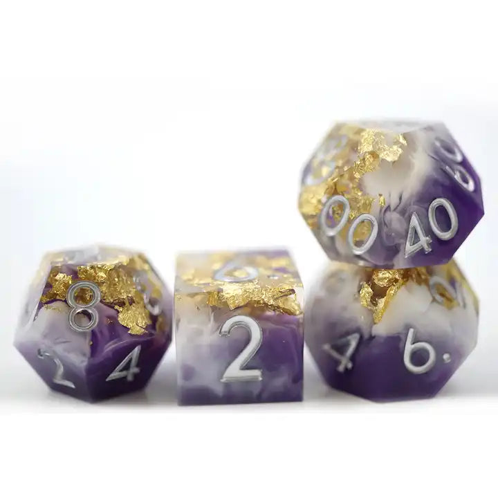 Sharp edge purple and gold resin dice for DND dungeons and dragons, dice goblin and dragon collectors and TTRPG role playing games