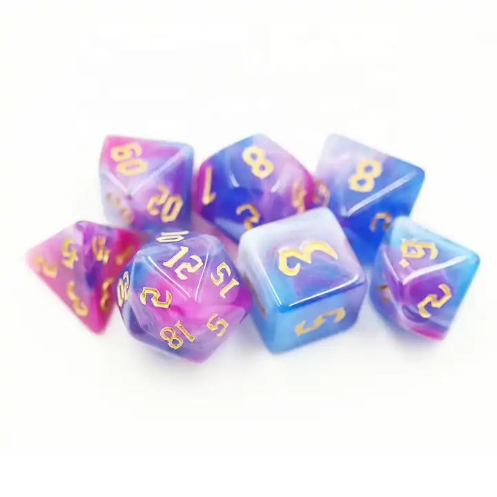 purple pink and blue DND dice sets for TTRPG, RPG role playing games and dice goblin and collectors click clacks