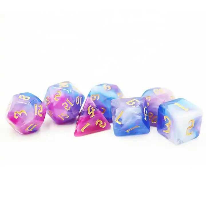 purple pink and blue DND dice sets for TTRPG, RPG role playing games and dice goblin and collectors click clacks
