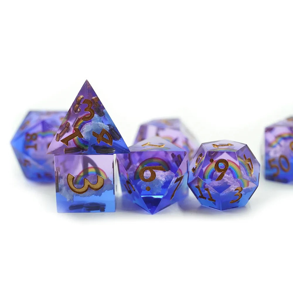Over the rainbow dnd dice set, sharp edge with rainbow for critical critters, dice goblin and dice dragon collectors