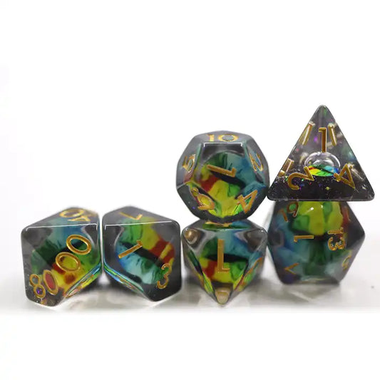 dragon eye rainbow dnd dice set, for TTRPG, DND role playing games and dice goblin, dice dragon collectors, shiny math rocks and click clacks