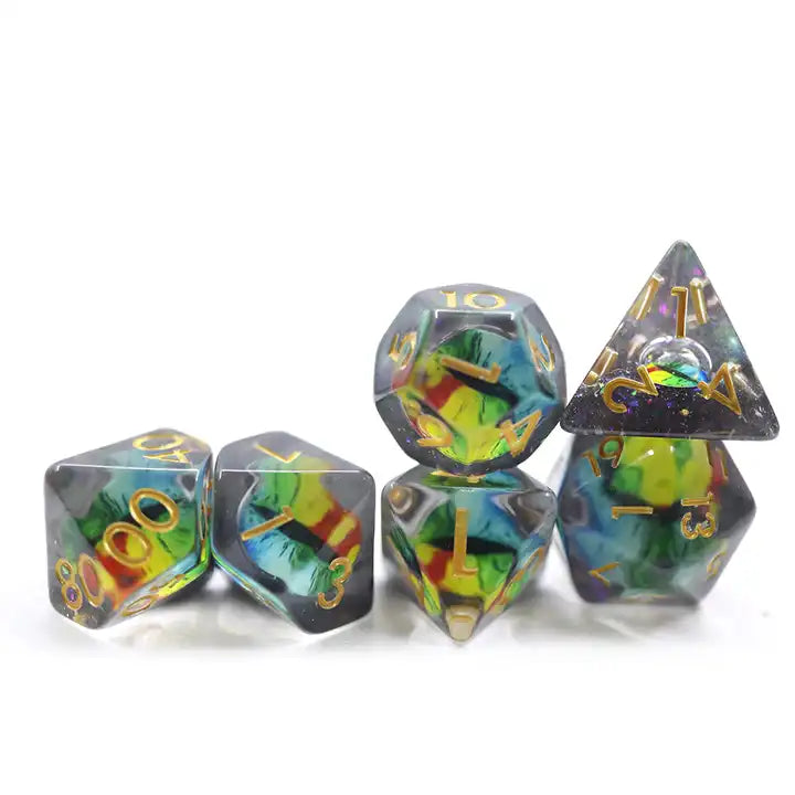 dragon eye rainbow dnd dice set, for TTRPG, DND role playing games and dice goblin, dice dragon collectors, shiny math rocks and click clacks