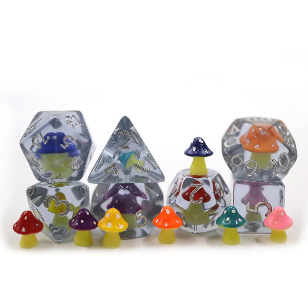 Mushroom dnd dice set, rainbow dnd dice set, dice goblin and critical critter collectors, rpg dice